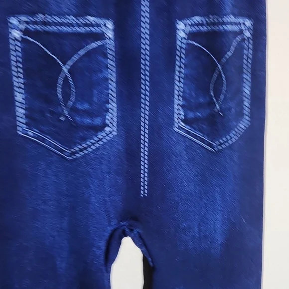 Womens Leggings Large Stretchy Blue Denim-Look Faux Pockets White Stitching - Picture 4 of 8
